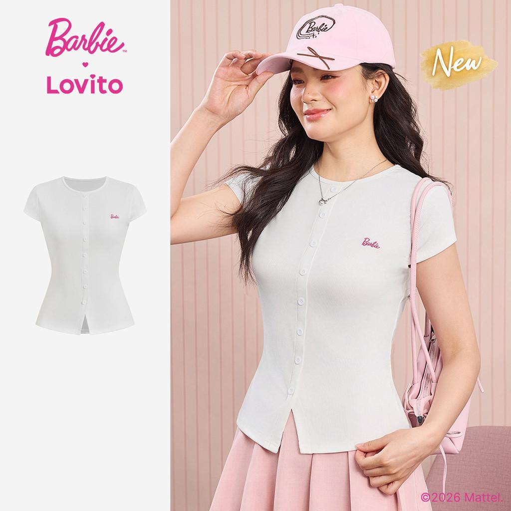 (New Arrival) Barbie™ X Lovito Camiseta Casual Feminina Com Bordado E Botões Branca Primavera/Verão TSBL6PAD005