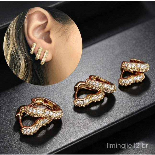 Trio Kit Brincos de Argola Coração Cravejados Zircônia 3 Furos Banhado Ouro 18k Anti Alérgico Três opções disponíveis