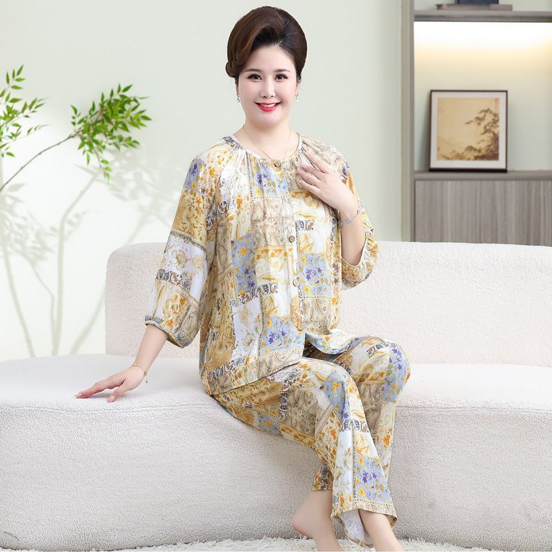 Pijamas de seda de algodão novo Cardigan Homewear terno feminino verão em torno do pescoço ar condicionado terno All-Mat