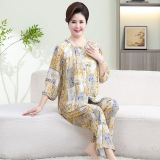 Pijamas de seda de algodão novo Cardigan Homewear terno feminino verão em torno do pescoço ar condicionado terno All-Mat