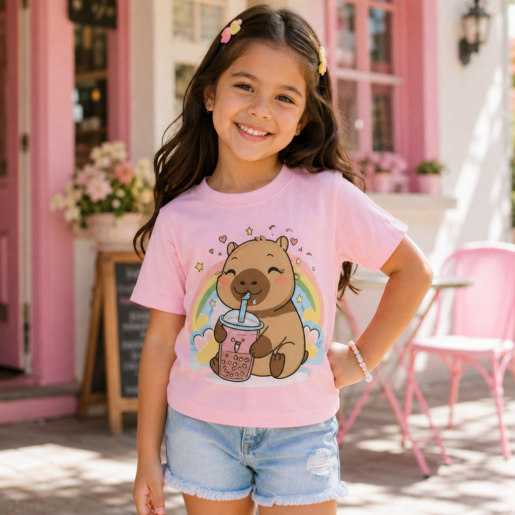 Camiseta Infantil Feminina Capivara Arco Íris 100% Algodão Confortável Manga Curta Casual Premium