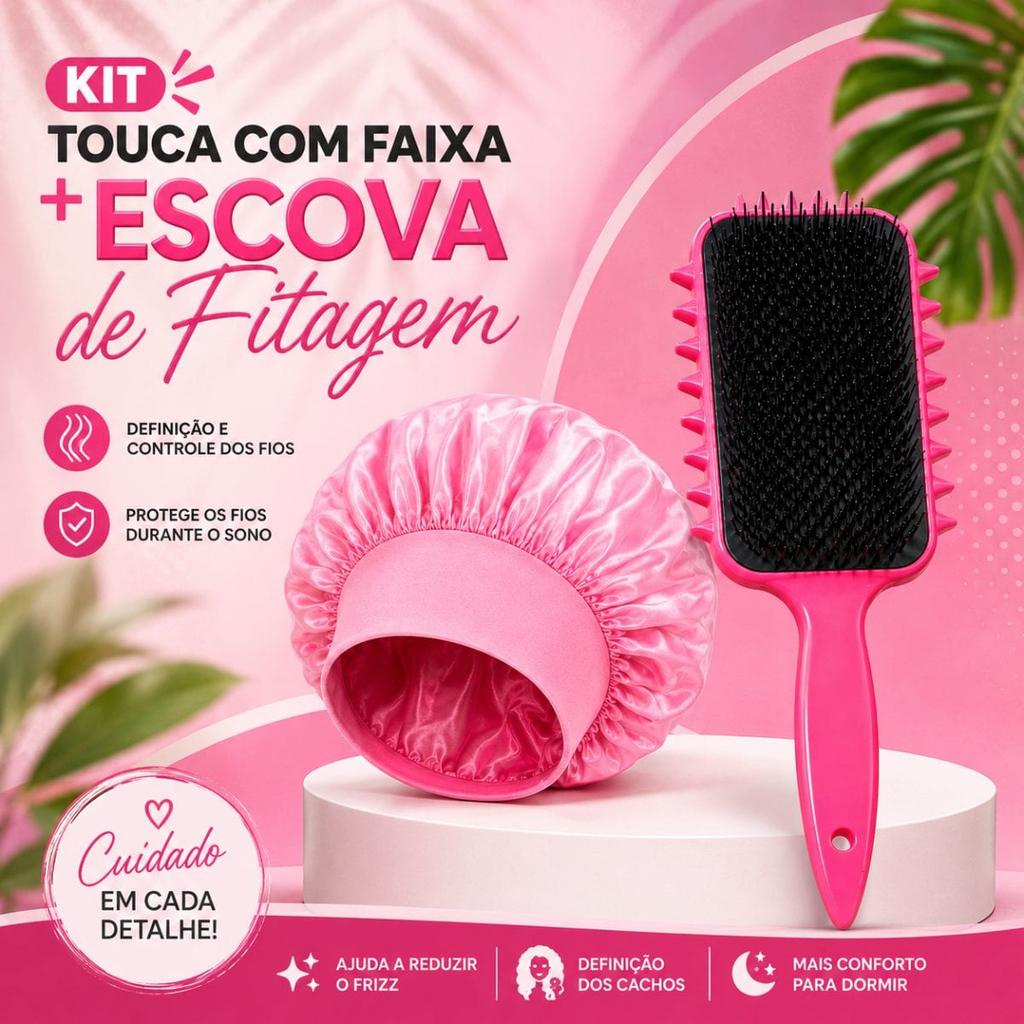 Kit Touca de Cetim com Faixa + Escova de Fitagem Raquete, 2 Peças – Cetim, Cores Sortidas
