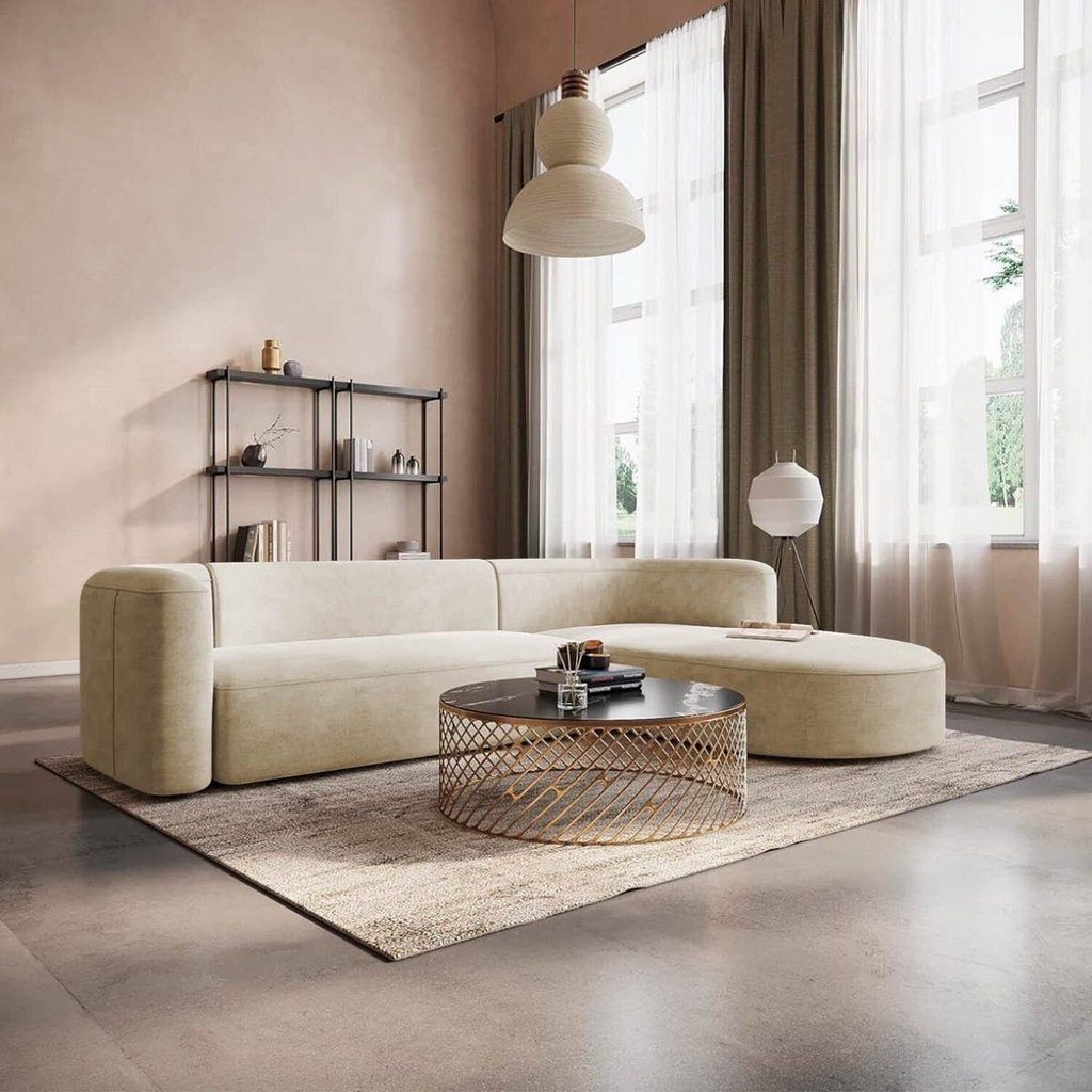 Sofá Modular Sala de Estar Decoração Luxo 265cm Lado Esquerdo Bouclé Celinne Luxuoso Bege