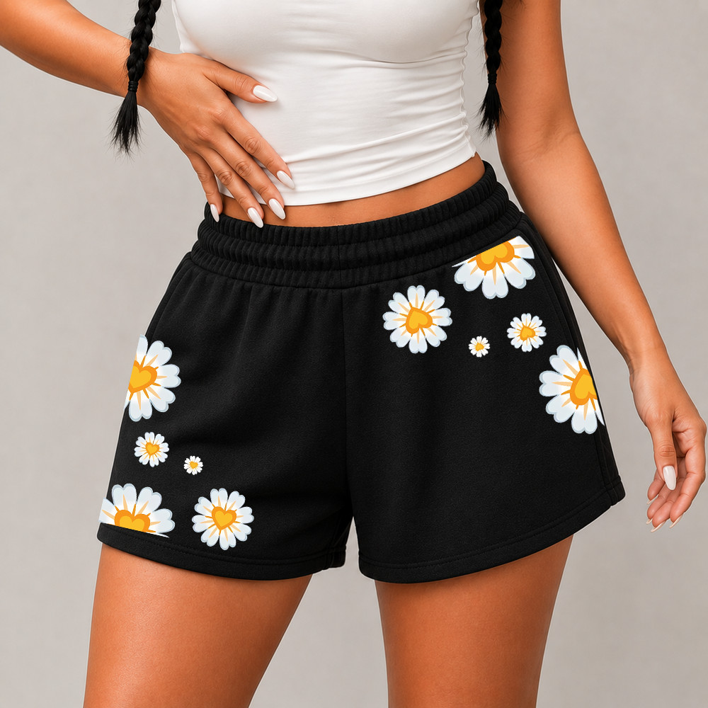 Short Feminino de Moletinho Preto Floral Estampado Confortável Soltinho Casual Verão