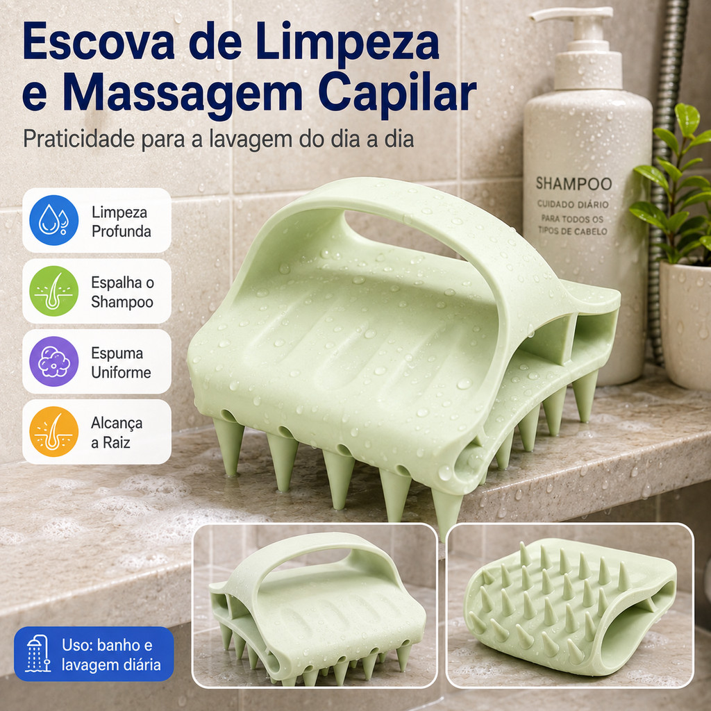 Escova Massageadora de Couro Cabeludo Portátil Cabo Flexível Cuidado de Saúde para Shampoo e Banho no Banheiro de Casa