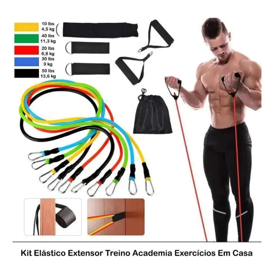 Kit 11 Elastico Extensor Treino Funcional Academia Em Casa Ginastica