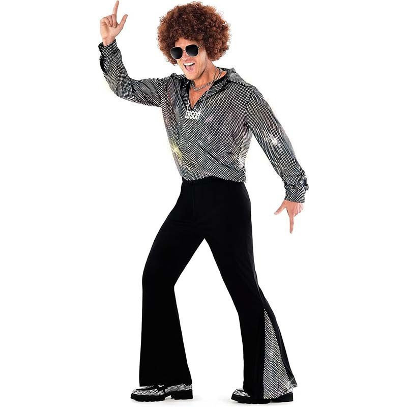Fantasia de Halloween Hippie dos Anos 60 e 70 para Homens, Calças de Perna Larga, Traje Brilhante de Cantor Disco para A