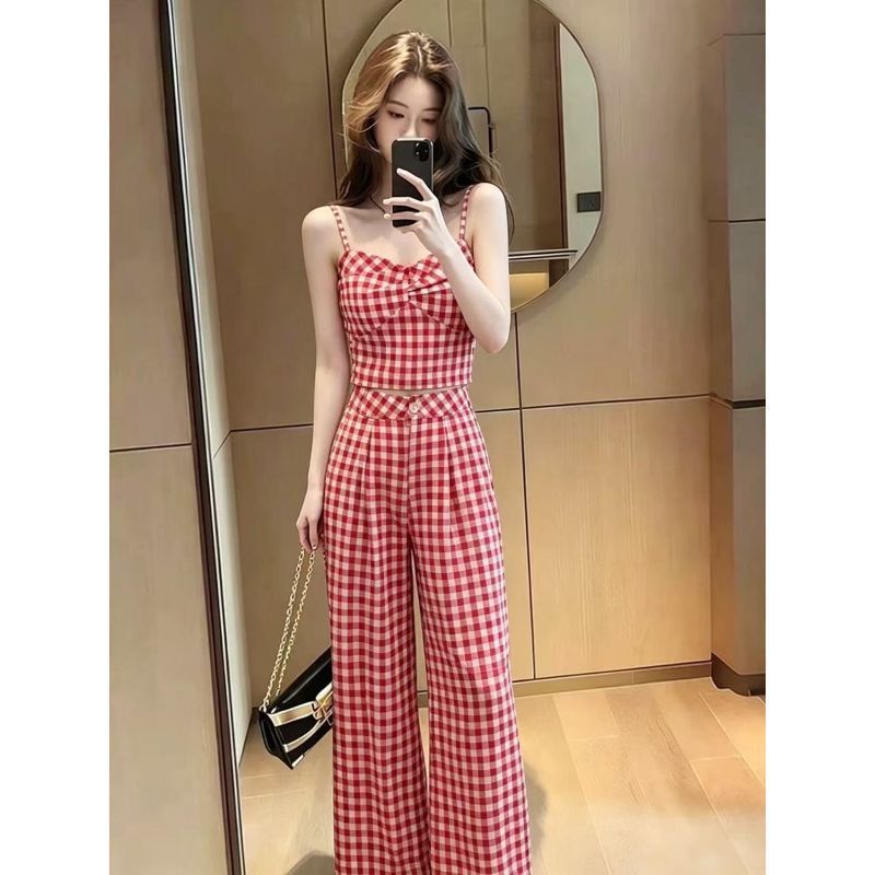 [Venda por tempo limitado] Moda Casual terno feminino verão novo estilo high-End vermelho xadrez camisola cintura alta c