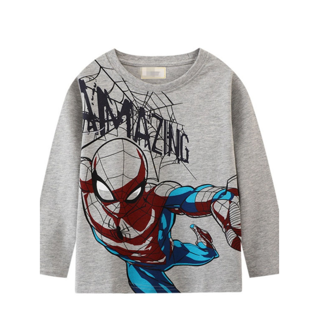 Crianças crianças cinza Spiderman manga comprida camiseta puro algodão camisa de fundo roupas de outono primavera outono