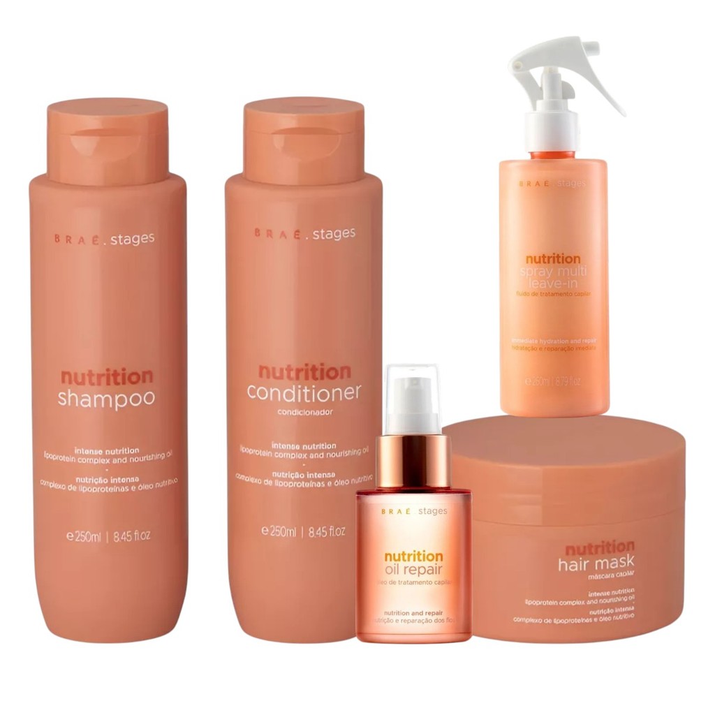 Kit Braé Stages Nutrition Shampoo, Condicionador 250ml Máscara 200g Leave-in 260ml 60ml