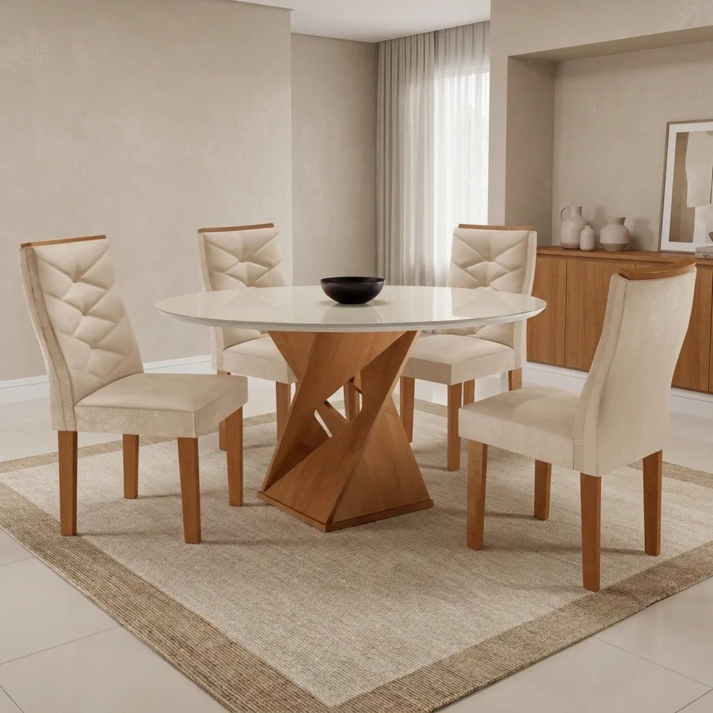 Conjunto Mesa de Jantar Redonda 4 Cadeiras Tampo de Vidro Barcelona Yescasa Cinamomo Off White Cinamomo/Off White/Suede