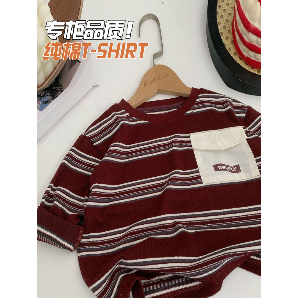 Crianças roupas meninos listrado manga comprida camiseta puro algodão primavera outono novo estilo menino bebê moda Retr