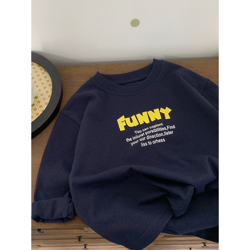 2025 primavera outono novo estilo meninos manga comprida puro algodão camiseta em torno do pescoço camisa de fundo azul 