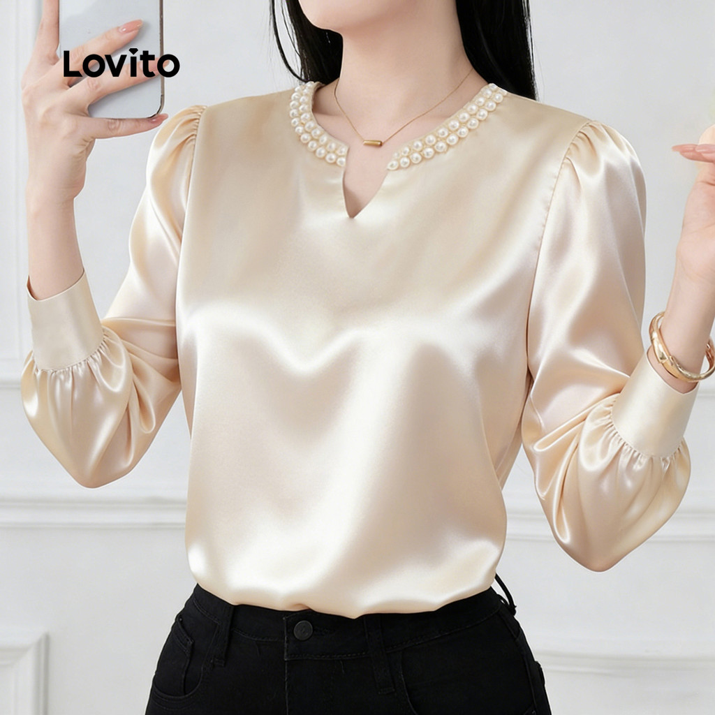 Lovito Blusa Elegante com Pérolas Primavera/verão em Caqui Claro para mulheres LBL35271