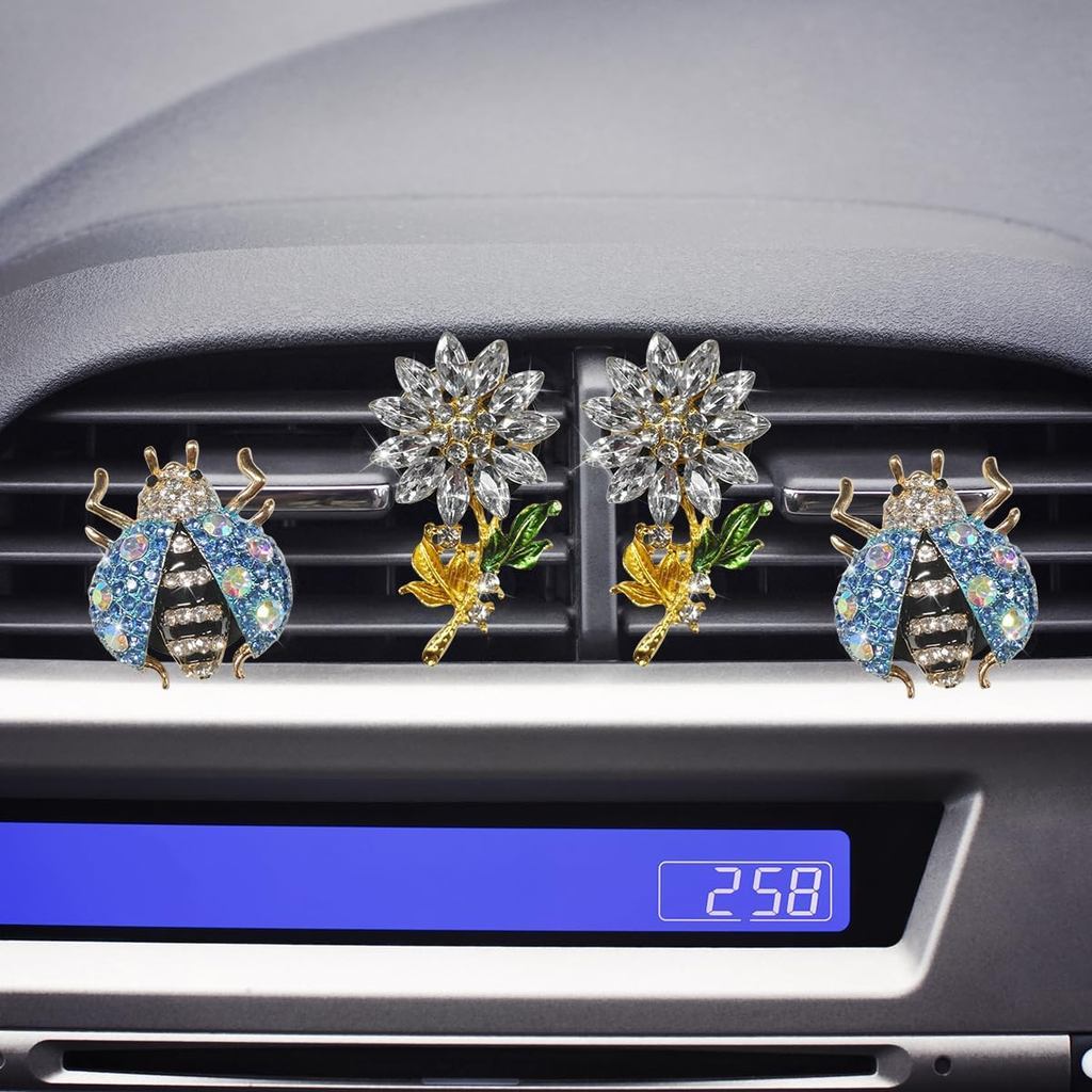 4 Peças Clipes De Ventilação De Ambientador De Carro Com Flor De Joaninha Brilhante , Clipe Ar Difusor De Strass De Cris