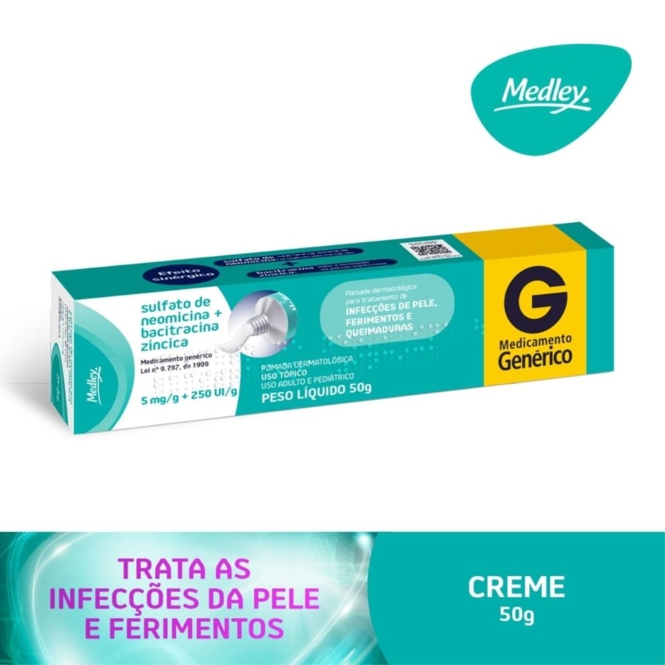Sulfato de Neomicina + Bacitracina Pomada 5mg + 250UI 50g Medley Genérico