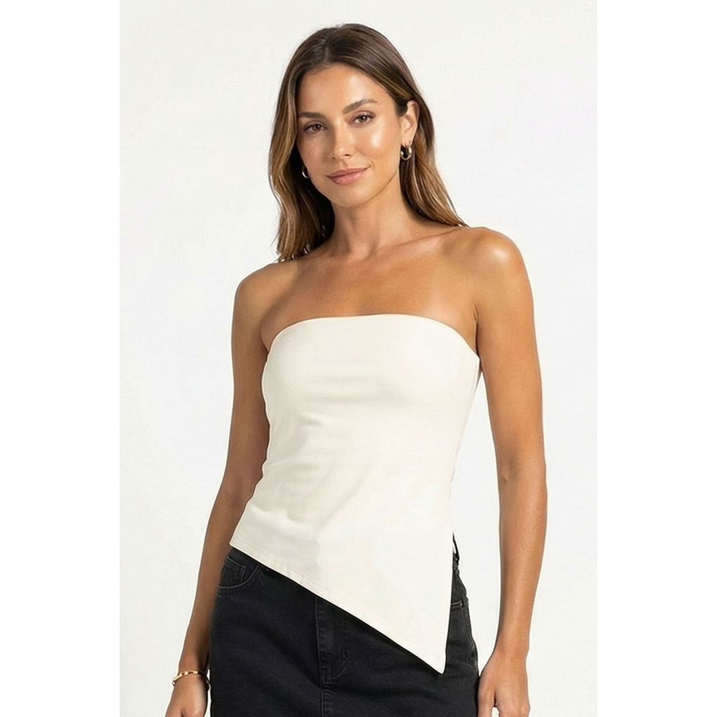 Blusa Feminina Assimétrica Sem Alças Marialícia Bege