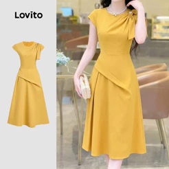 Lovito Vestido Elegante Assimétrico Pregas Pérolas Primavera/verão Vestido Amarelo para mulheres L199ED220