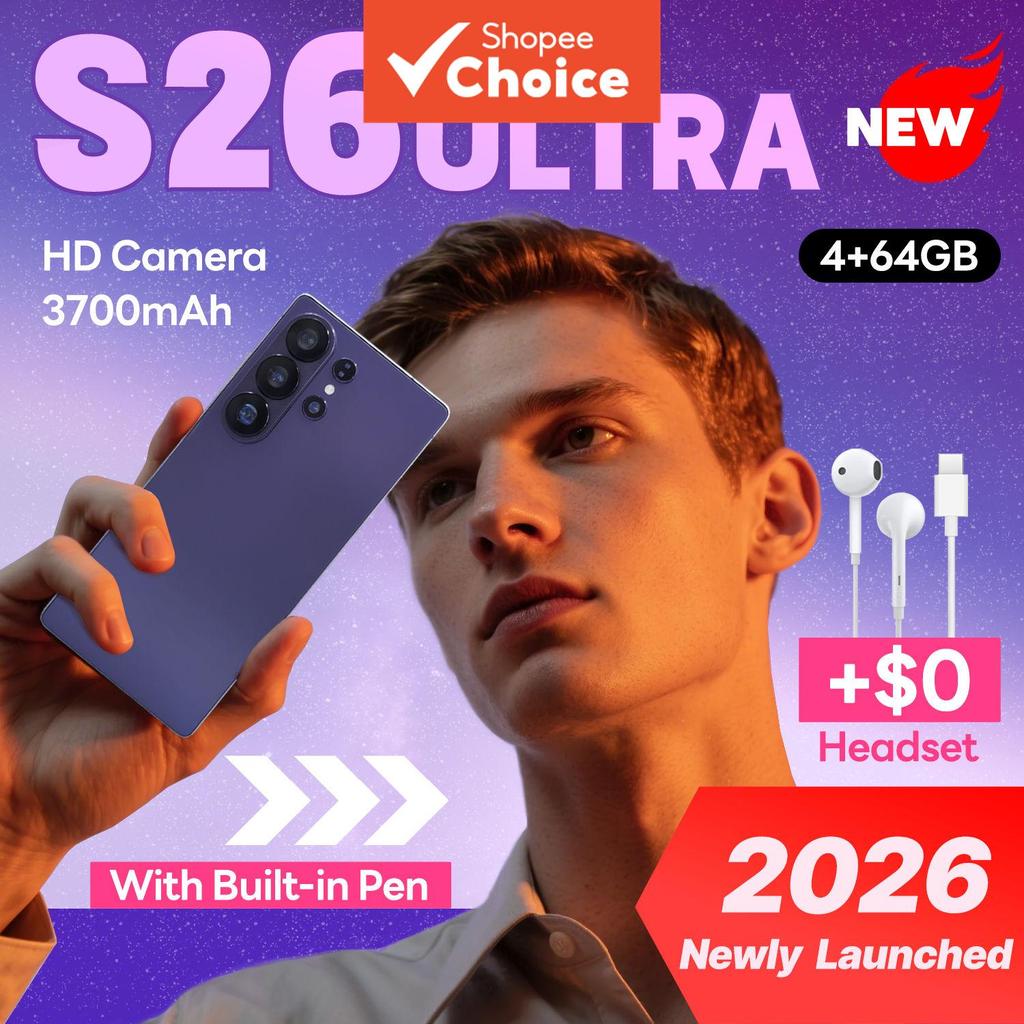 S26 Ultra 4+64GB 4G Smartphone HD Câmera Design Unibody Android Econômico Celular 3700mAh Bateria Smartphone para