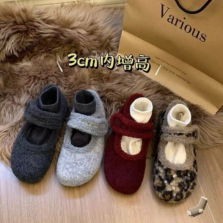 Aumento interno de lã francesa Velcro Mary Jane sapatos femininos 2025 inverno novo estilo Retro forro de lã boca rasa e
