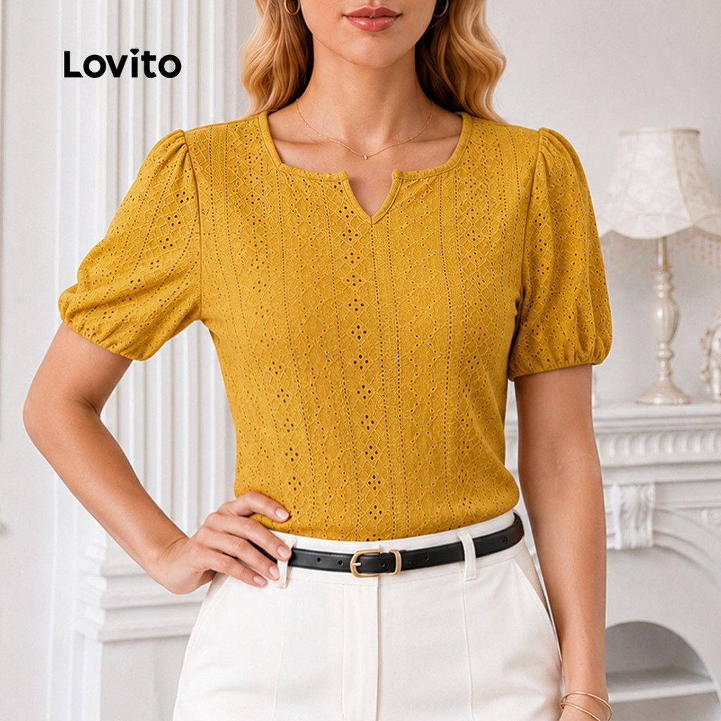 (New Arrival) Lovito Blusa Amarela Elegante De Manga Curta E Decote Quadrado Para Trabalho E Lazer Primaveraverão BLB39BR026 — imagem 2 de 2