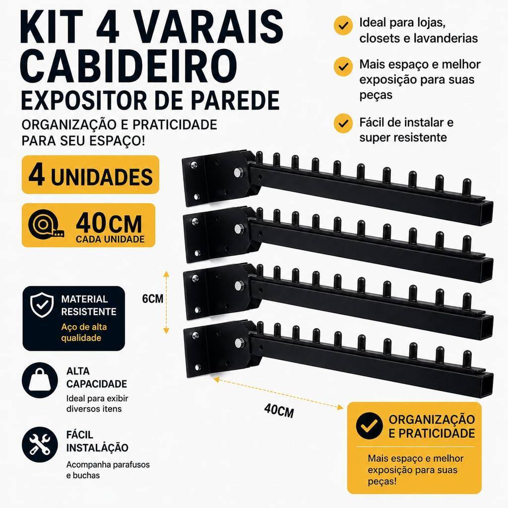 Kit 4 Araras Rt, Cabideiro Expositor De Parede com Parafusos e Buchas