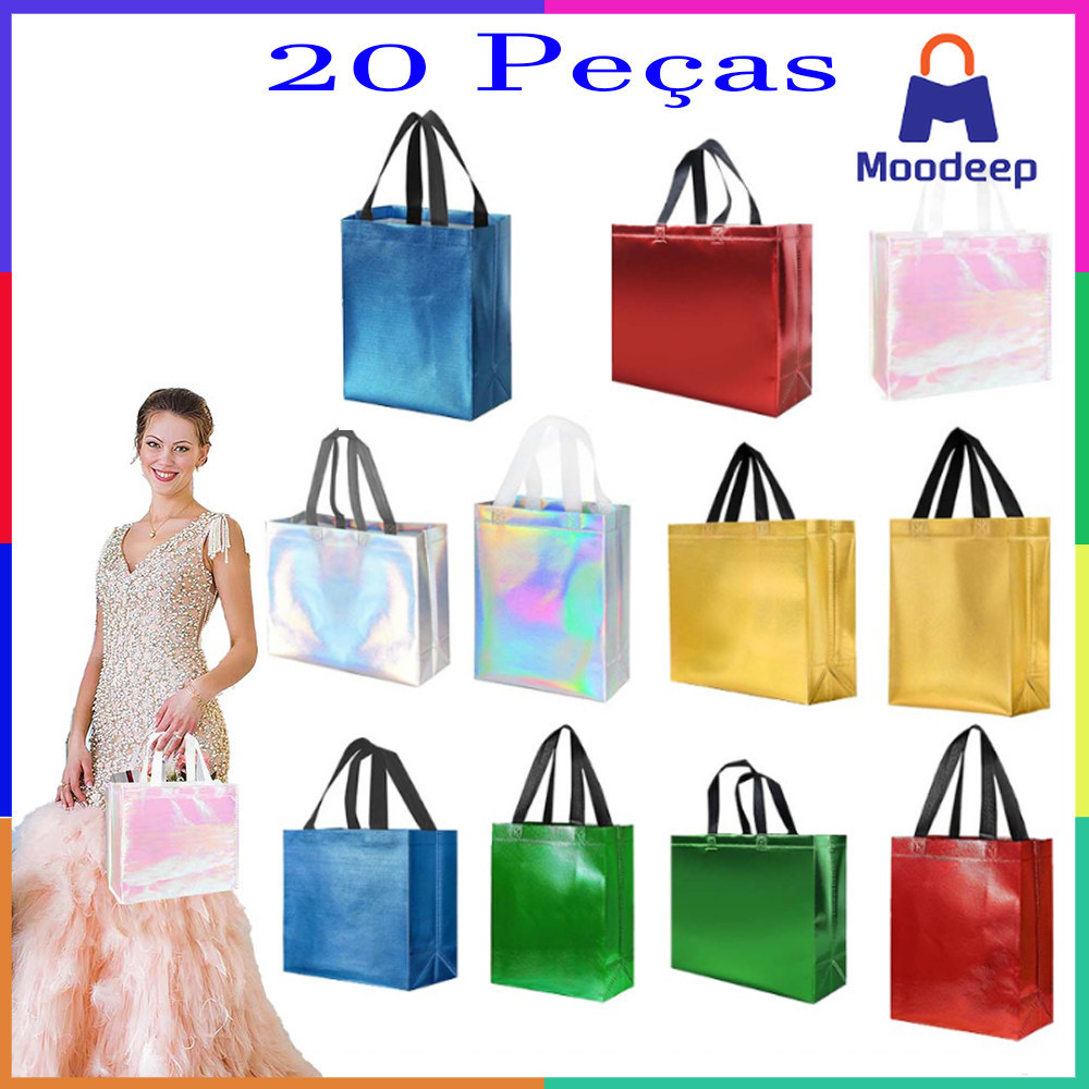 Pacote com 20 sacos reutilizáveis não tecidos, sacolas para compras de supermercado com alças, sacolas de presente