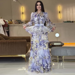 Outono novo estilo moda feminina impresso estilo elegante vestido longo Slim fit