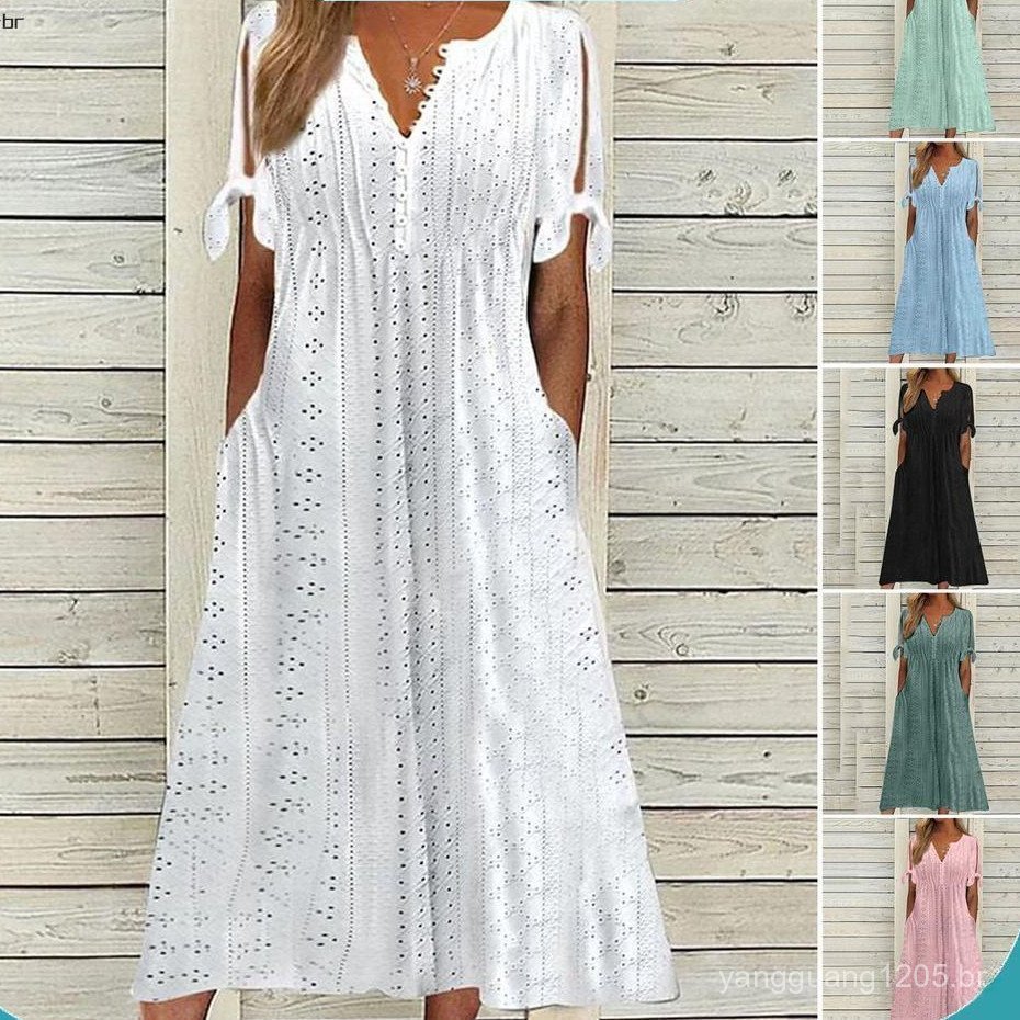 Vestido Maxi Pastel De Verão Com Decote Em V , Nó , Manga Curta , Fluido , Praia , Férias , Evasê Bolsos
