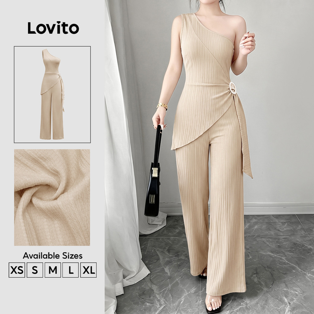 Lovito Macacão Casual Feminino Cáqui Plissado com Botões primavera/verão JRK8P1D934
