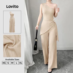 Lovito Macacão Casual Feminino Cáqui Plissado com Botões primavera/verão JRK8P1D934