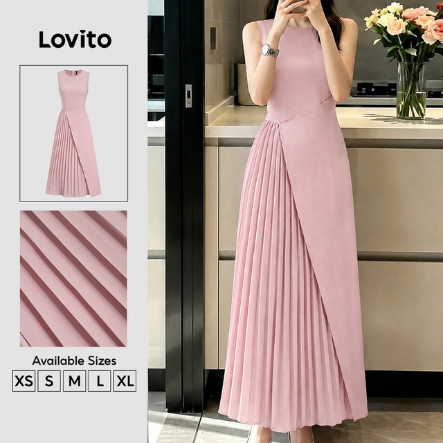 Lovito Vestido Elegante Plissado Rosa Primavera/verão para mulheres DRK8P1D819