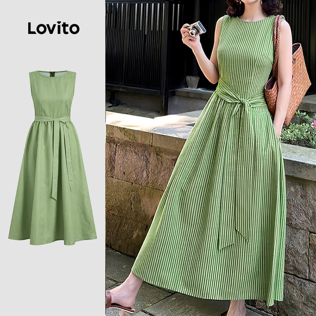 Lovito Vestido Elegante Drapeado Estilo College Verde de Primavera/verão para mulheres L198ED3244