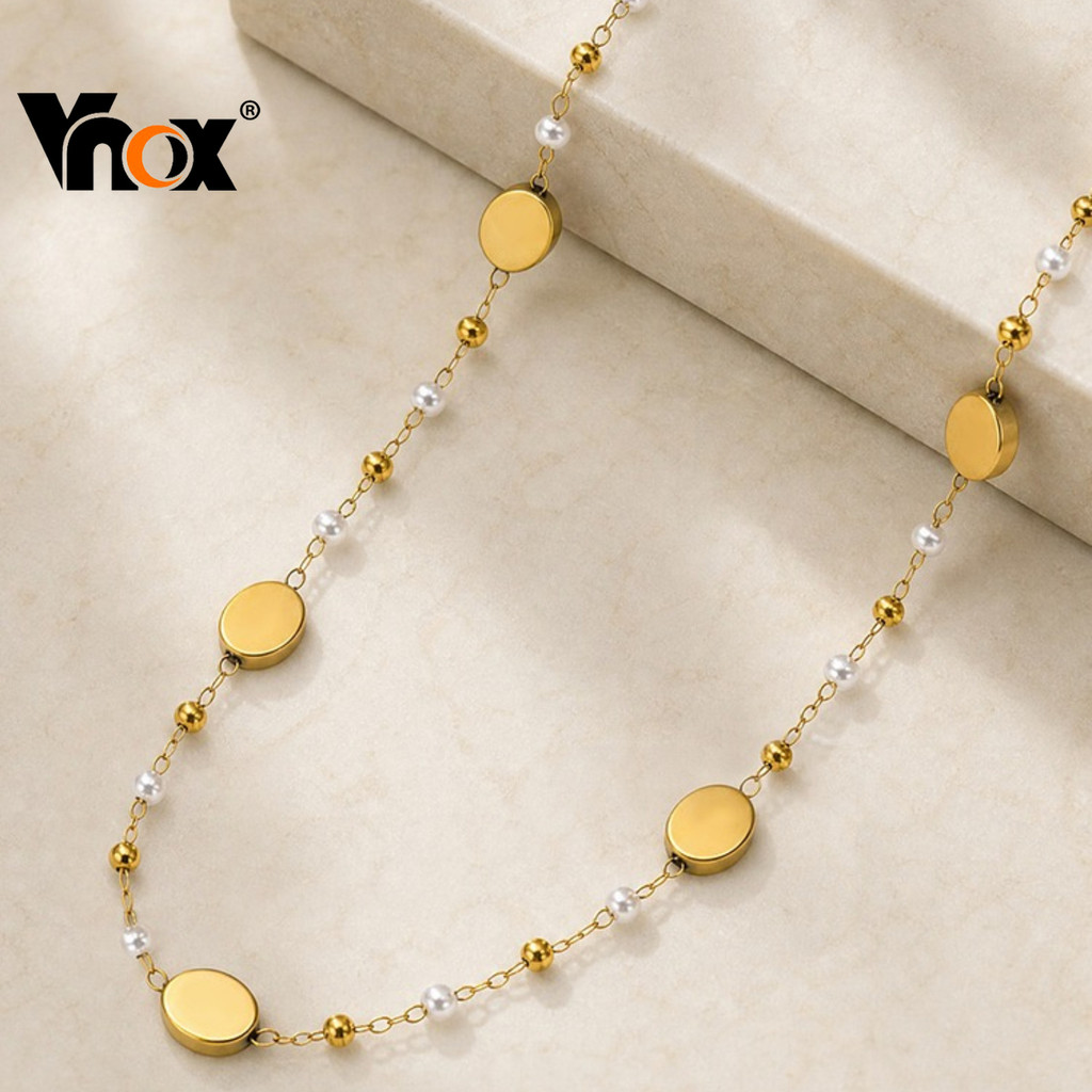 Pulseira De Ouro Vnox Para Mulheres , Joias De Corrente Elegantes Com Pingente Oval De Pérola Falsa De Aço Inoxidável