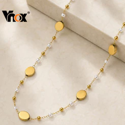 Pulseira De Ouro Vnox Para Mulheres , Joias De Corrente Elegantes Com Pingente Oval De Pérola Falsa De Aço Inoxidável
