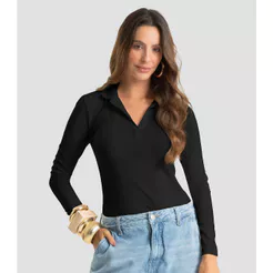 Polo Manga Longa Feminina Cotton Leve Dianna Preto