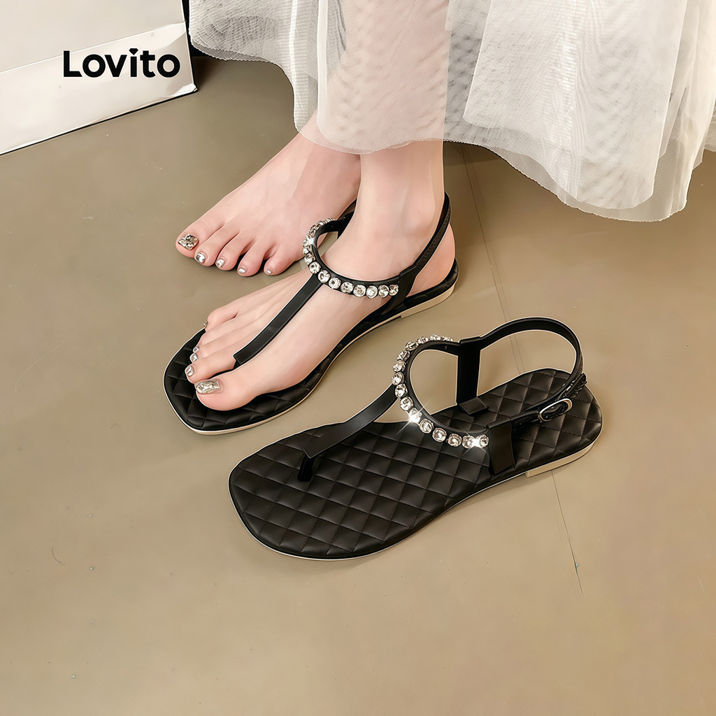 Lovito Sandálias Rasteiras Casuais Estilo Coreano Com Fivela De Metal E Strass Para Praia (modelo 1) Para Mulheres LFA121004