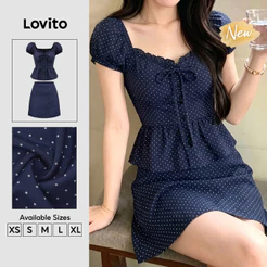 (New Arrival) Lovito Conjuntos De Saia Femininos Casuais Azul Escuro Com Estampa De Poás Botões Amarração E Acabamento Ondulado Para Primavera/verão E Fins De Semana KSB204P1D203