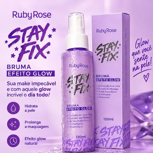 Bruma Fixadora de Maquiagem Facial Efeito Matte Glow Stay Fix Ruby Rose 120ml Ácido Hialurônico Extrato de Aloe Vera HB-