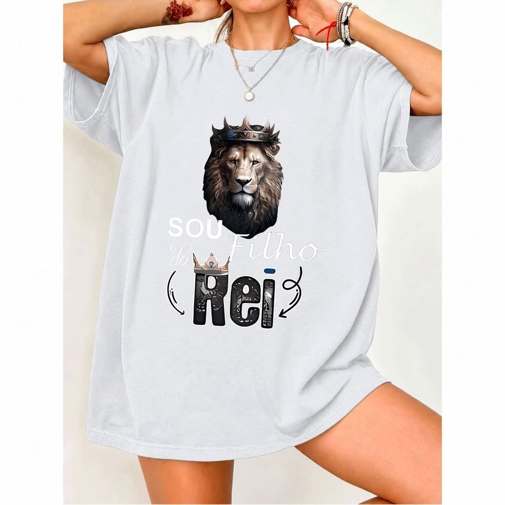 [Camiseta Premium em Algodão Puro]MIA Camiseta Feminina Oversized Streetwear, Com Estampa de Leão Rei, Em Algodão 100%, 