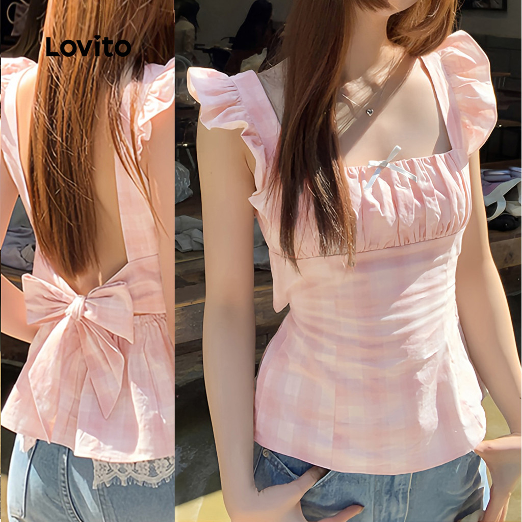 Lovito Férias Blusa Feminina Rosa com Laço Fofo Fresca e Confortável para Primavera/Verão L139AD384