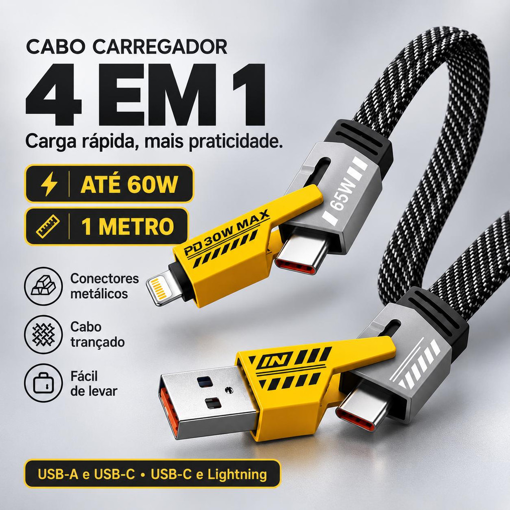 Cabo Carregador 4 em 1 Turbo 65W/30W USB-C Tipo C USB-A Lightning Nylon Trançado 1m Peining