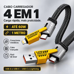 Cabo Carregador 4 em 1 Turbo 65W/30W USB-C Tipo C USB-A Lightning Nylon Trançado 1m Peining