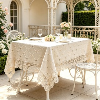 Mantel de Mesa Algodão e Linho, Rendado Floral Diamante Oca, Decoração Francês Pastoril para Casa, Cozinha e Cafeteria