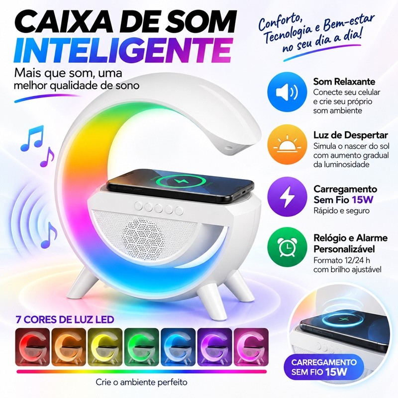 Luminária Rgb Caixa Som G Speaker Carregador Indução Relógio voltikk