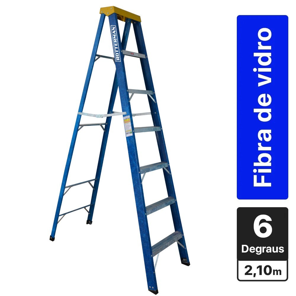 Escada tesoura simples em fibra de vidro 6 degraus + patamar 2,10 m- Premium Rotterman