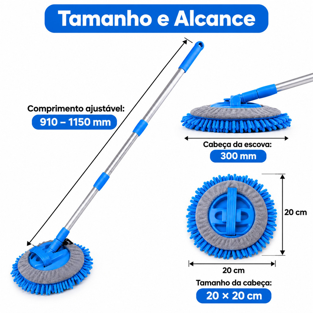 Mop Lava Carro Esfregão Microfibra Chenille Cabo Telescópico 63-115cm Giratório 180° SUV Moto