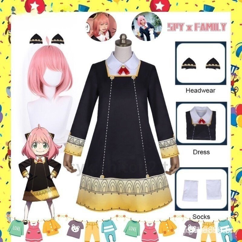 2023 SPY × FAMILY – Fato de cosplay da Anya Forger, vestido feminino e conjunto para menina, com acessório para a cabeça