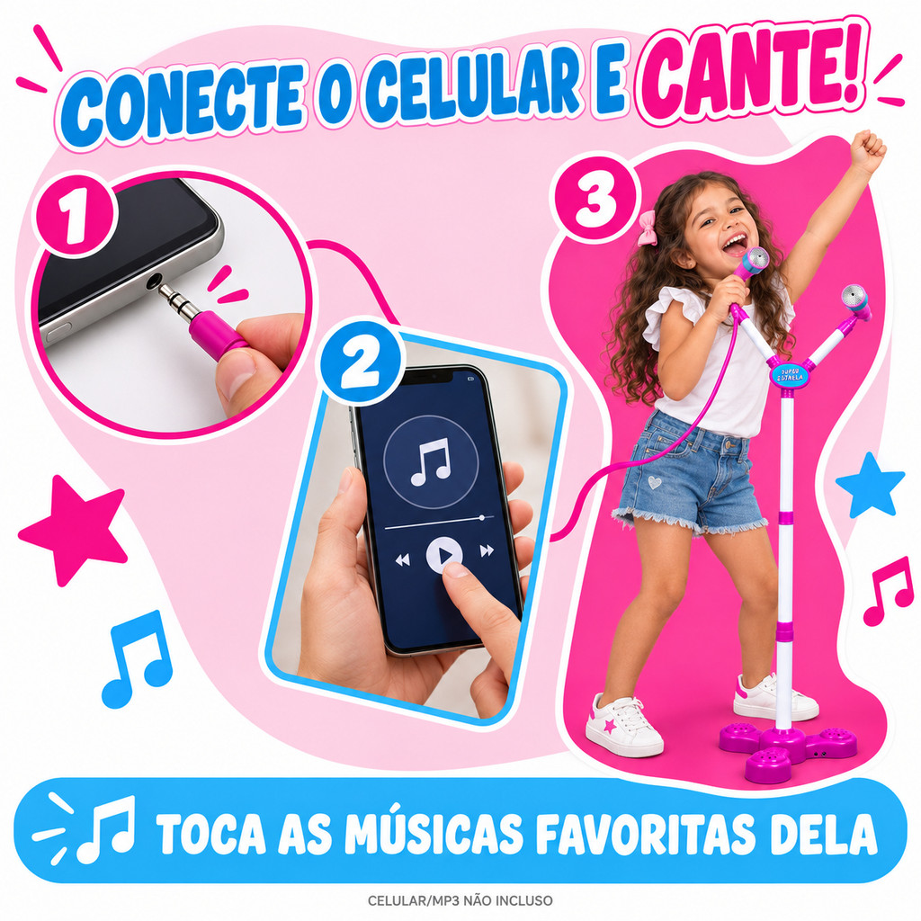 Microfone Infantil Duplo com Pedestal Karaokê Altura Ajustável Luzes Efeitos Sonoros Rosa Menina Kizumba — imagem 2 de 2