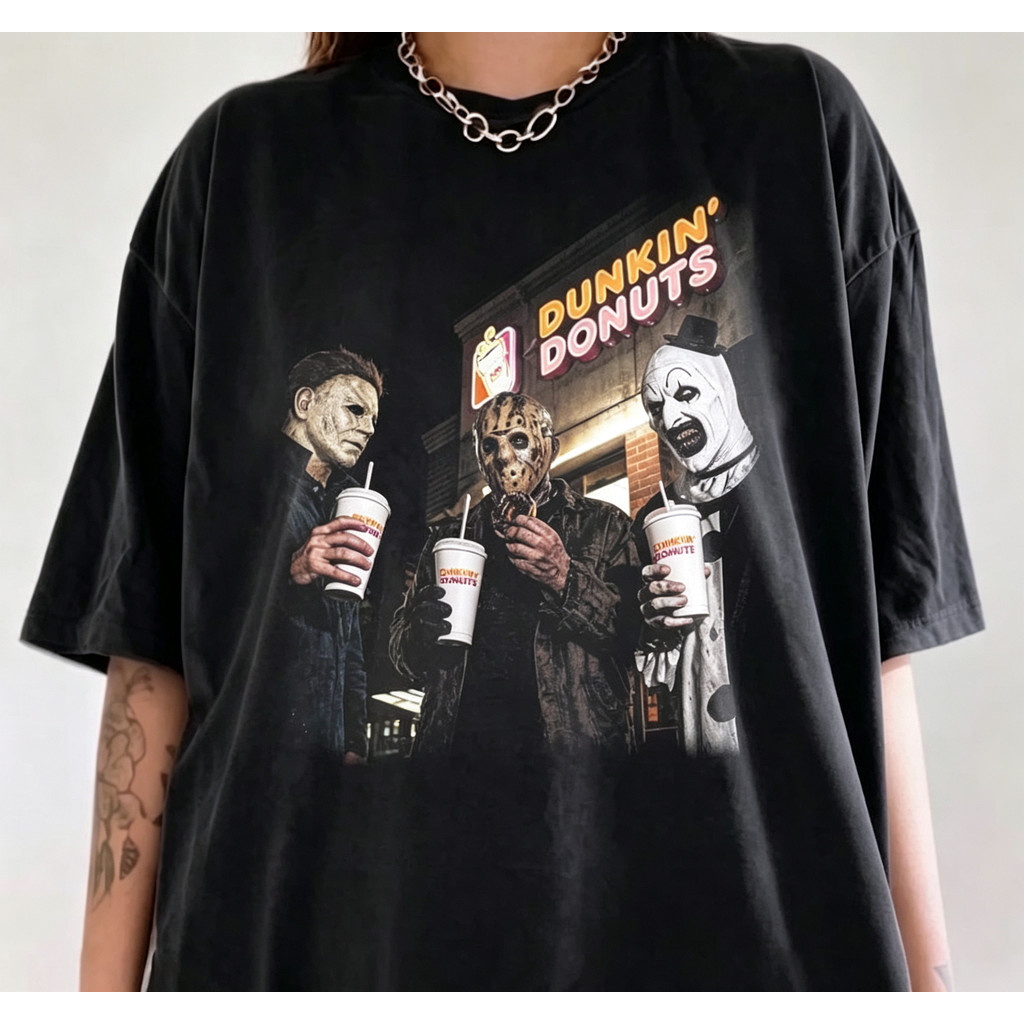 Camiseta Oversize Unissex Preta Estampa Halloween Personagens De Terror Michael Myers Jason Art Palhaço Dunkin Donuts Co
